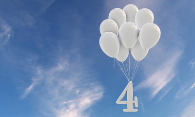 Number 4 party celebration. Number attached to a bunch of white balloons against blue sky