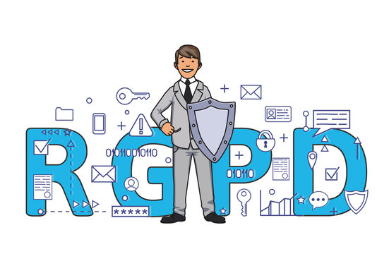 Smiling man with a shield among digital and internet symbols in front of RGPD letters. General Data Protection Regulation. GDPR, RGPD, DSGVO, DPO. Concept vector illustration. Flat style. Horizontal