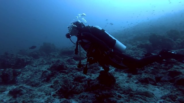 Female scuba diver swims in blue water near coral reef, Indian Ocean, Maldives
