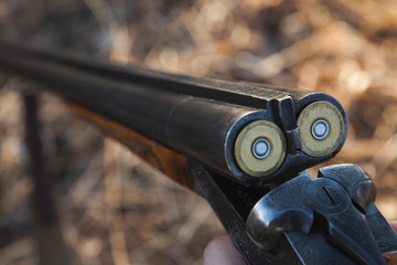 Opened double-barreled hunting gun with two cartridges.