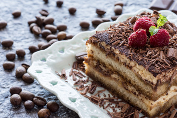 Dessert Tiramisu Cake with Grated Chocolate, Raspberry and Mint