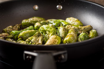 Green Padron Peppers Preparation in the Frying Pan