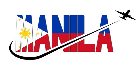 Manila flag text with plane silhouette and swoosh illustration