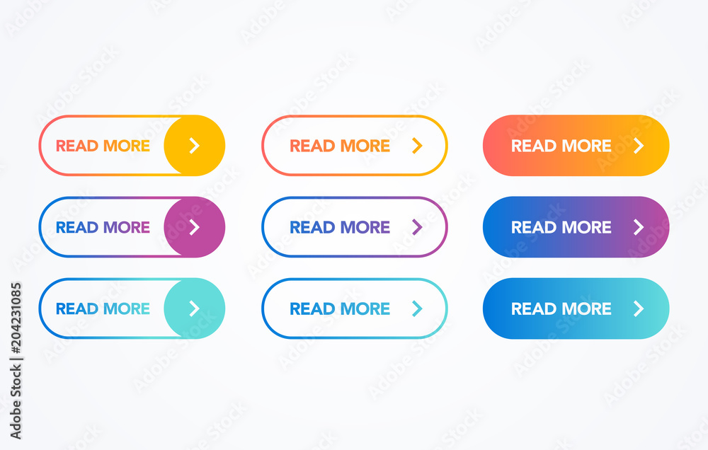Poster Read More colorful button set on white background. Flat line gradient button collection. Vector web element