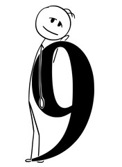 Cartoon stick man drawing conceptual illustration of businessman holding big number nine or 9. Part of set.