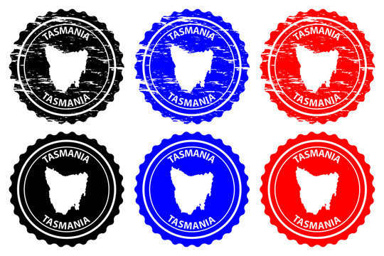 Tasmania - rubber stamp - vector, Tasmania map pattern - sticker - black, blue and red