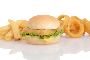 fish sandwich with french fries and onion rings