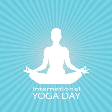 Famale or person body in yoga lotus asana in rays on blue starry space background. White silhouette of a man in a lotus position. International yoga day Vector illustration eps10