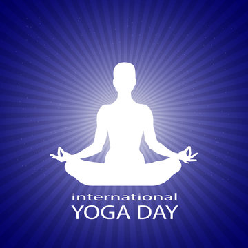 Famale or person body in yoga lotus asana in rays on bright blue starry space background. White silhouette of a woman in a lotus pose. International yoga day Vector illustration eps10