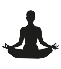 Famale or person body in yoga lotus asana isolated on white background. Black silhouette of a woman in a lotus pose. Graphic object. International yoga day.