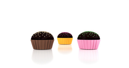 Three Realistic Looking Colorful Cupcakes On White. 3d Rendering