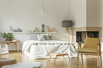 Cozy bedroom with fireplace interior