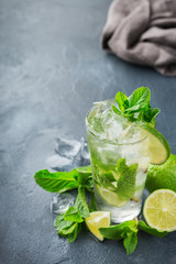 Classic alcohol cocktail mojito with rum, soda, lime and mint
