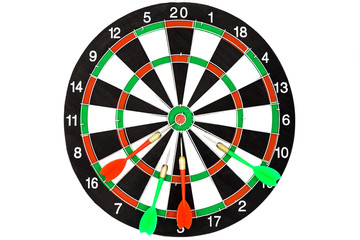 Closed up of dartboard and arrows isolated on white background, sport and business goal concept.