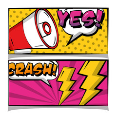 Fototapeta premium pop art comic banner loudspeaker chrash yes text retro vector illustration