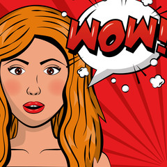 attractive blonde woman wow speech bubble pop art comic vector illustration