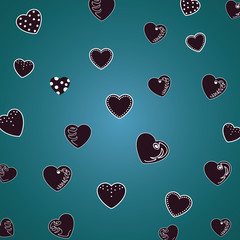 Beautiful pattern hearts on a dark green, malachite background. For textiles, fabrics. Romantic cute print, texture. Vector.