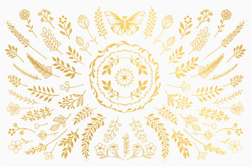 Bloom collection. Set of hand-drawn flowers, branches and leaves. Nice to combine among themselves and to create your own unique design.