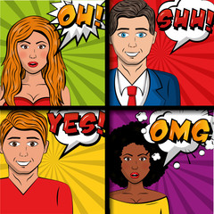people pop art comic man and womaan speech bubbles phrases vector illustration