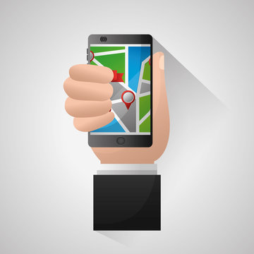 gps navigation application elegant hand holding cellphone connection arrival point location vector illustration