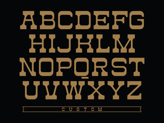 Western typeface. Vector alphabet with latin letters in balck and gold theme