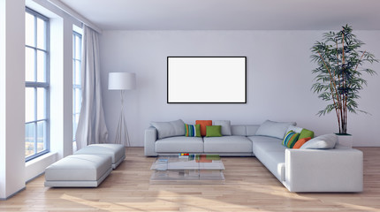 Modern bright interiors apartment with mockup poster frame 3D rendering