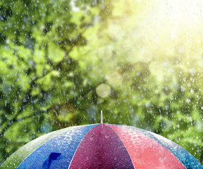 Summer rain with sunshine on colorful umbrella 3D Rendering