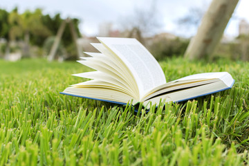 Open book on the green lawn 