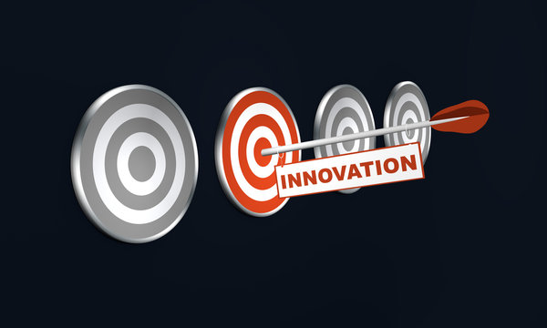 Pfeil mit "Innovation" auf Zielscheibe, Konzept. 3d render
