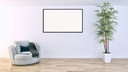 Obraz na płótnie Canvas Modern bright interiors apartment with mockup poster frame 3D rendering