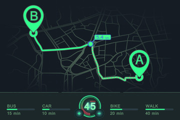Dashboard design gps navigator. pin point A to point B with distance pointer and information green color. vector illustration