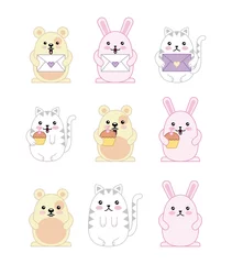 Behang Speelgoed kawaii dieren muis kitty kat en konijn cartoon vectorillustratie