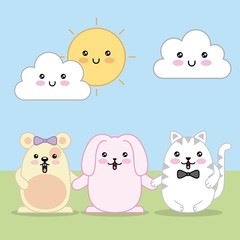 kawaii rabbit mouse and cat cartoon clouds and sun vector illustration