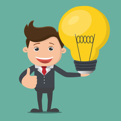 Happy businessman holding a light bulb, an idea, a startup. vector illustration.