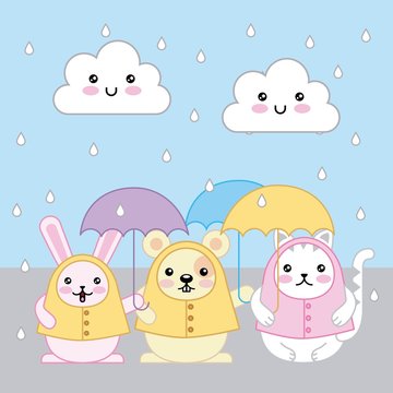 kawaii rabbit cat and mouse with umbrellas and raincoats cartoon vector illustration