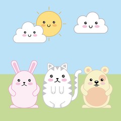 kawaii cute rabbit cat and mouse cartoon vector illustration