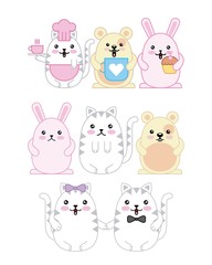 kawaii animals mouse kitty cat and rabbit cartoon vector illustration