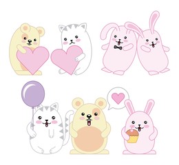 Obraz premium kawaii animals mouse kitty cat and rabbit cartoon vector illustration