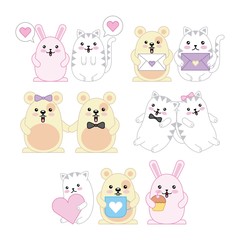 kawaii animals mouse kitty cat and rabbit cartoon vector illustration