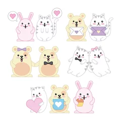 Wandaufkleber Spielzeug Kawaii Tiere Maus Kitty Katze und Kaninchen Cartoon-Vektor-Illustration