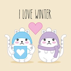 kawaii cats in winter clothes and coffee cup animal cartoon vector illustration