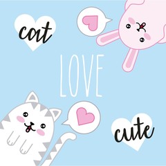 kawaii cute cats love hearts cartoon vector illustration