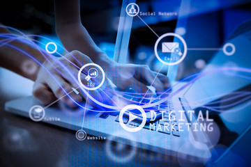 Waves of blue light and businessman using on smartphone as concept