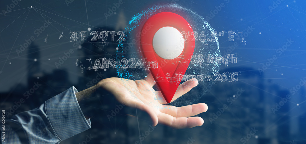 Poster man holding a 3d rendering pin holder on a globe with coordinates