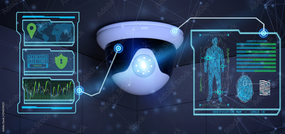 Poster recognition and detection software on a security camera system - 3d rendering