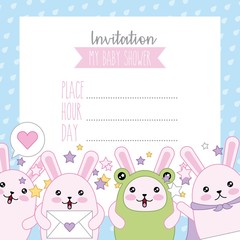 invitation baby shower card kawaii cute rabbits in costumes vector illustration