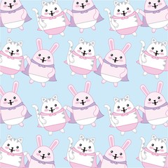 kawaii cat and rabbit with cape characters background vector illustration