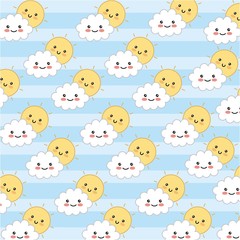 kawaii adorables sun and clouds happy pattern vector illustration