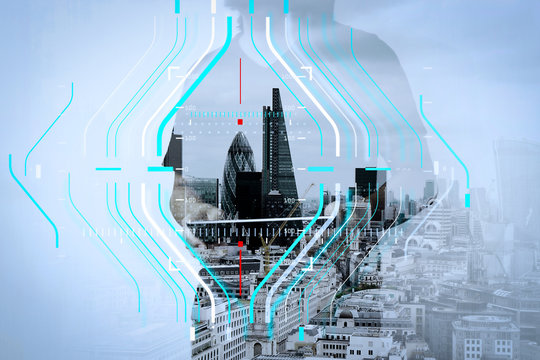 Double exposure of success businessman using digital tablet with london building and social media diagram