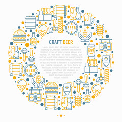 Craft beer concept in circle with thin line icons related to Octoberfest: beer pack, hop, wheat, bottle opener, manufacturing, brewing, tulip glass, mag with foam. Vector illustration for print media.